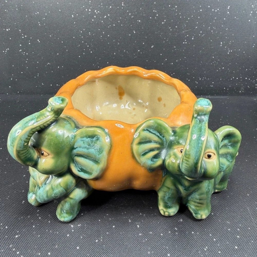 Vintage Majolica Style Elephant Pumpkin Ceramic Planter Green Orange Dish Bowl